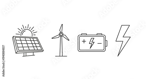 Renewable Energy Icons Solar Panel Wind Turbine Battery Electricity.