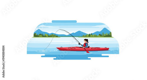 A woman with dark hair and a red life vest is kayaking and fishing with a paddle in a red kayak on a calm blue lake with green mountains.