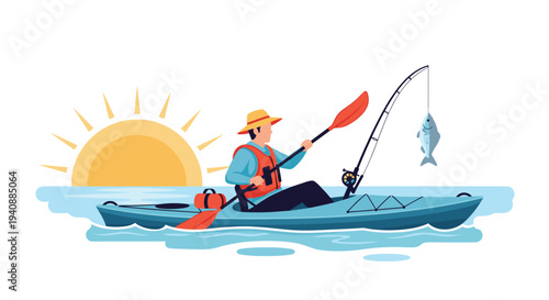 A man in a straw hat and orange life vest is kayaking and fishing with a red paddle and rod on calm blue water during a bright yellow sunset.