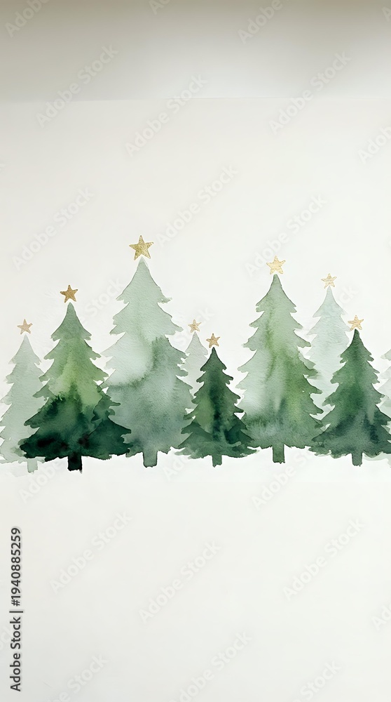 Obraz premium Watercolor Christmas trees with golden stars in green shades on textured paper background for holiday greeting cards and seasonal decorations.