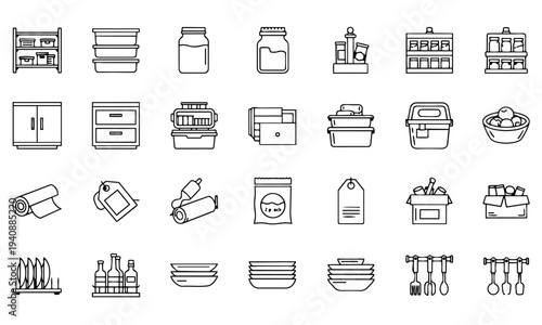 Kitchen Storage Jars and Cabinet Outline Icons