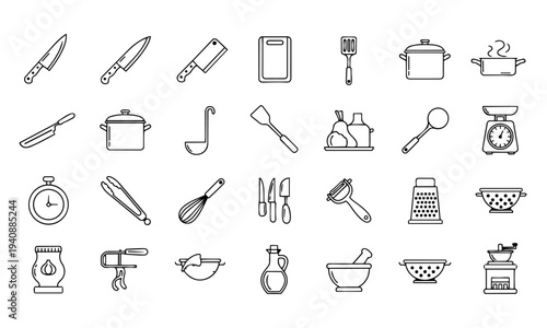 Cooking Kitchen Utensils and Tools Outline Icons