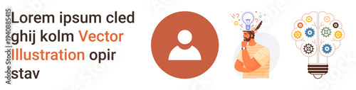 Creativity, user interface, teamwork, brainstorming, innovation, and profile design. Abstract light bulb with gears, male figure in thought user profile icon. Creativity and user interface visuals