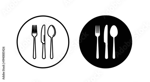 Vector illustration of cutlery icons with fork knife and spoon in circles on a transparent background