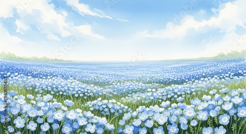 Soft Watercolor Illustration of Blue Nemophila Flowers in Gentle Pastel Tones