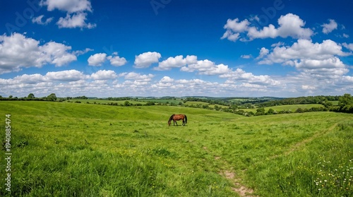 Horse grazing on lush green field under blue sky nature photography outdoor landscape peaceful environment