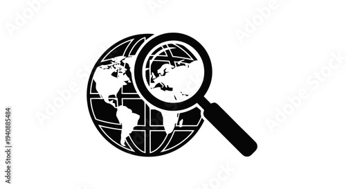 Vector illustration of globe with magnifying glass icon, global search symbol, research vector on a transparent background