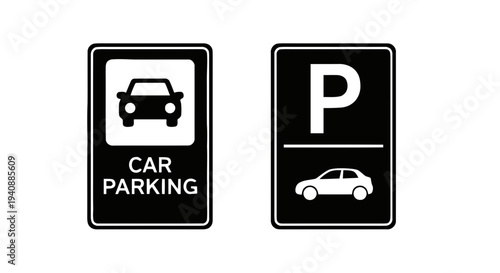 Vector illustration of car parking signs set, traffic road signs with car symbols on a transparent background