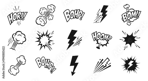 Vector illustration of set of comic book sound effects and lightning bolts on a transparent background