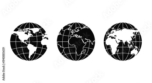 Vector illustration of set of three black globe icons on a transparent background