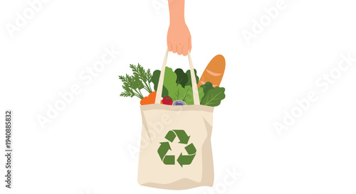 A hand in a green sleeve holds a beige reusable shopping bag with a recycle symbol and groceries.