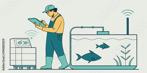 Aquaculture worker monitoring water quality with digital sensor in fish tank facility using tablet, modern farming concept on light background. Ai generative See Less