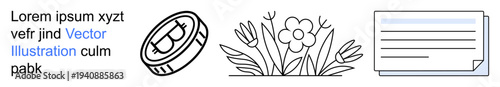Cryptocurrency, nature, documentation, finance, digital assets, floral decoration. Minimalist line art a coin, flowers and a document. Cryptocurrency and nature concepts