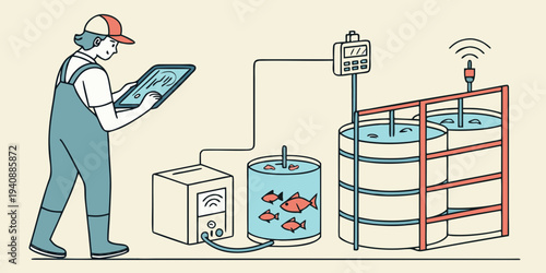 Aquaculture worker monitoring water quality with digital sensor in fish tank facility using tablet, modern farming concept on light background. Ai generative See Less
