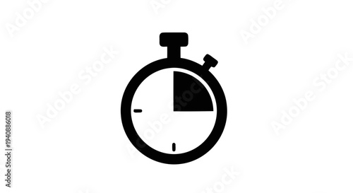 Vector illustration of black stopwatch icon showing fifteen minutes elapsed time on a transparent background