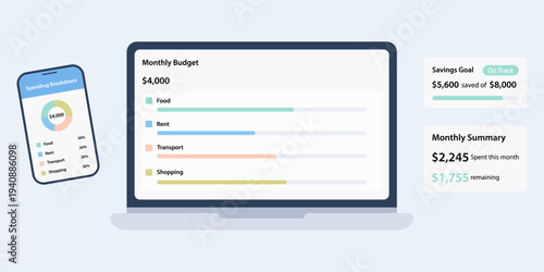 Flat vector fintech illustration of a personal budget management dashboard. Screens show categorized spending bars, budget allocation, savings goals, and spending pie charts in blue and coral.
