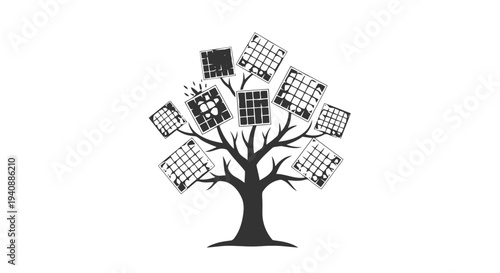 Vector illustration of abstract tree with solar panel leaves representing sustainable energy concept on a transparent background
