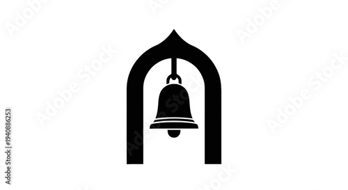 Vector illustration of black silhouette of a church bell hanging inside an archway icon on a transparent background