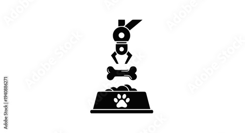 Vector illustration of mechanical claw picking up a dog bone and placing it into a pet food bowl on a transparent background