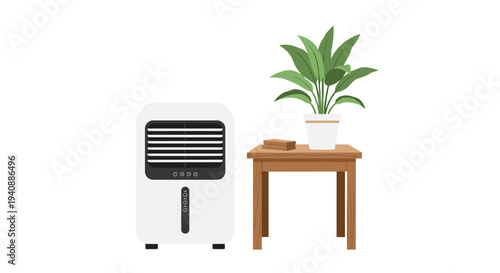 A white portable air cooler with black grilles is positioned next to a light brown wooden side table adorned with a potted green plant and a small brown object.