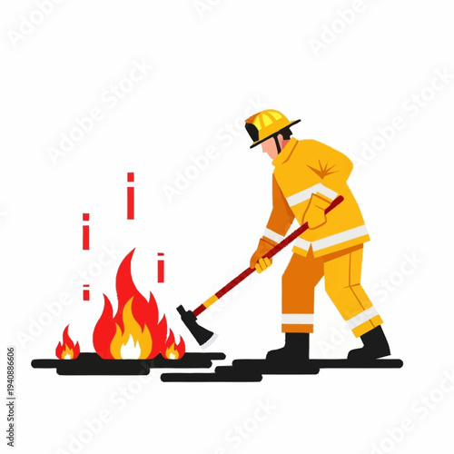 Firefighter in uniform extinguishing a fire with an axe.