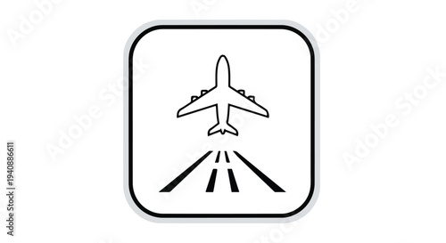 Simple black line icon of an airplane taking off in a square frame with a white background.