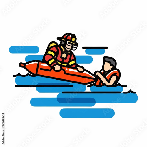 Firefighter Rescues Person From Water Using Inflatable Raft.