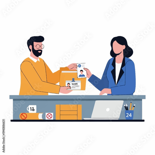 Fotografie Man Giving Documents to Woman at Desk.