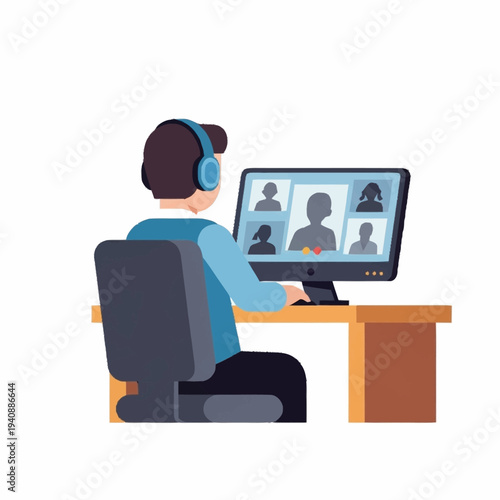 Man wearing headphones participating in a video conference call.