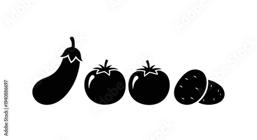 Vector illustration of black silhouette icons of eggplant, tomatoes and potatoes on a transparent background
