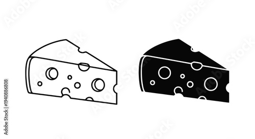 Vector illustration of cheese wedge icon set, outline and silhouette style on a transparent background