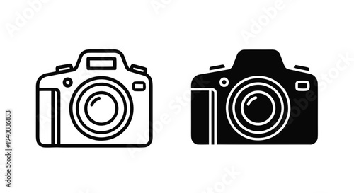 Vector illustration of camera icon set, digital photography sign, outline and solid style on a transparent background