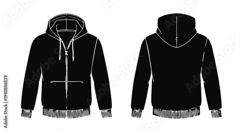 Vector illustration of black hoodie with fringe hem front and back view fashion template on a transparent background