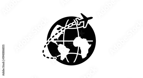Vector illustration of globe with airplane flight path icon on a transparent background