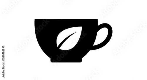 Vector illustration of black tea cup icon with leaf symbol on a transparent background