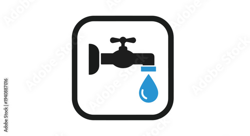 Simple icon of a faucet with a single blue water droplet on a white background with black outline and accents.