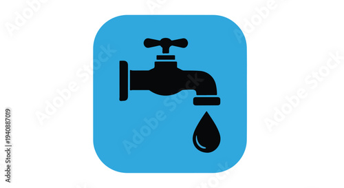 A simple black faucet icon on a blue square against a white background with a single drop of water.