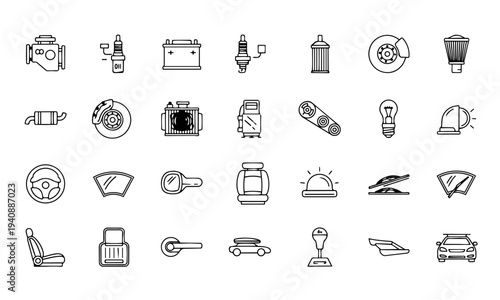 Car Auto Parts Engine Repair Outline Icons