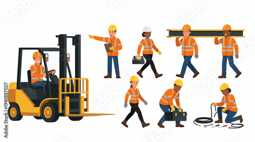 Construction worker pose set with forklift lifting and labor tasks