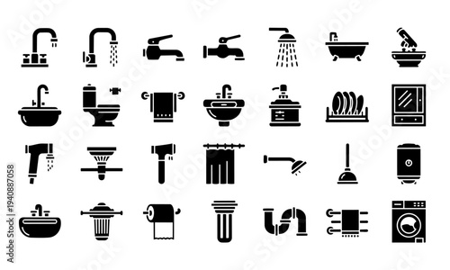 Bathroom Plumbing Fixtures Silhouette Icons