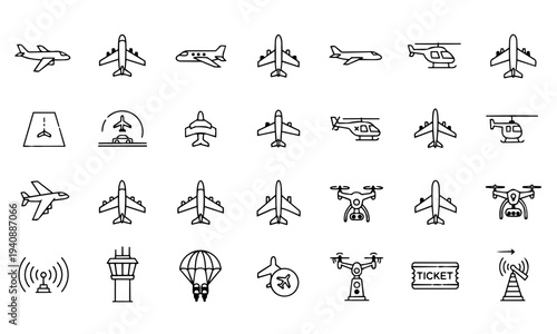 Aviation Airplane Drone Helicopter Outline Icons