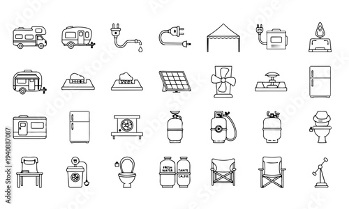 Camping RV Camper Trailer Outline Icons