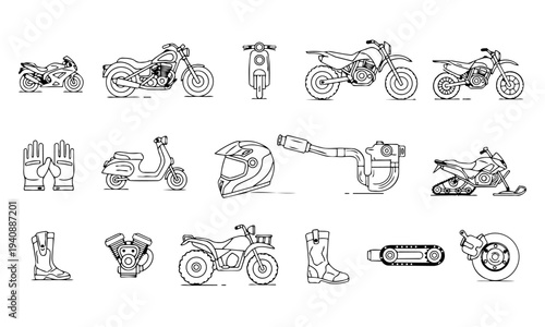 Motorcycles Dirt Bike ATV Gear Outline Icons