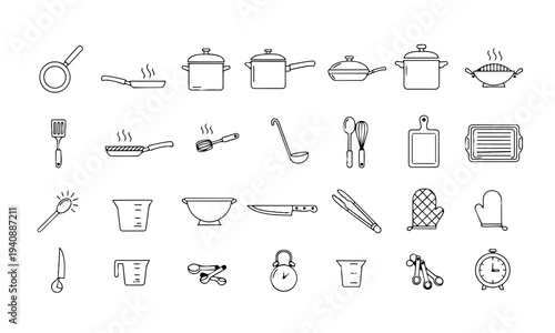 Cooking Kitchen Pans Utensils Outline Icons