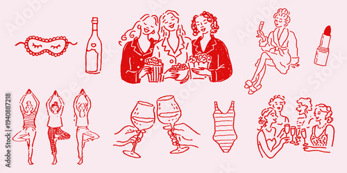 Whimsical Bachelorette Party Clipart, Hand Drawn Elegant Bridal Shower Illustration