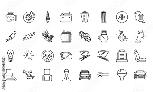 Car Auto Parts Engine Repair Outline Icons