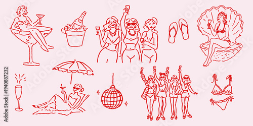 Whimsical Bachelorette Party Beach Clipart, Hand Drawn Bridal Shower Illustration
