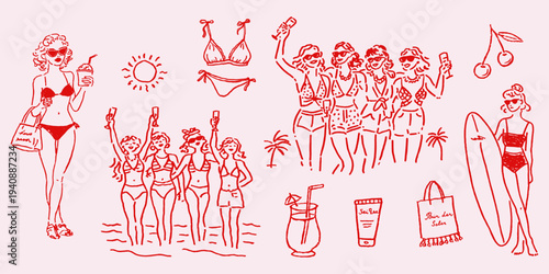 Whimsical Bachelorette Party Surf Clipart, Hand Drawn Beach Bridal Shower Illustration