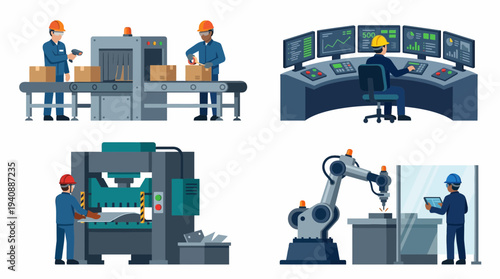 Factory workers operating machines scene set with control panels and robots