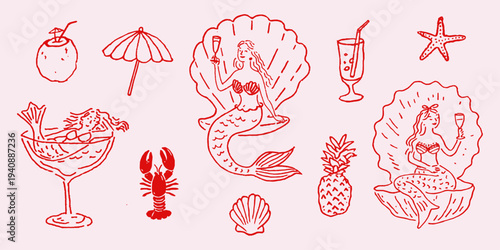 Whimsical Mermaid Bachelorette Party Clipart, Hand Drawn Bridal Shower Illustration